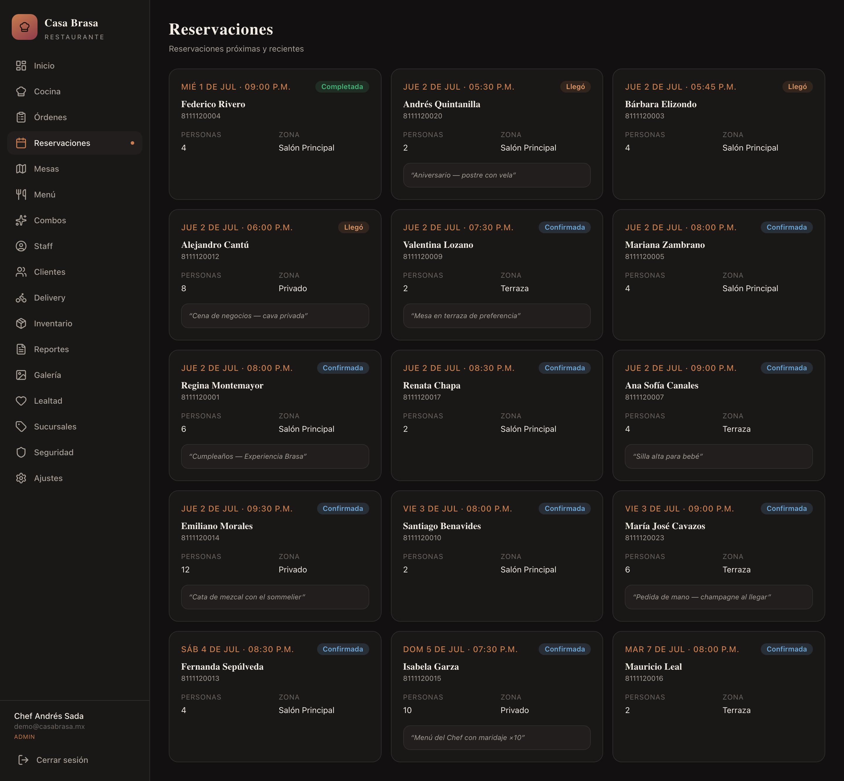 Reservas y mesas